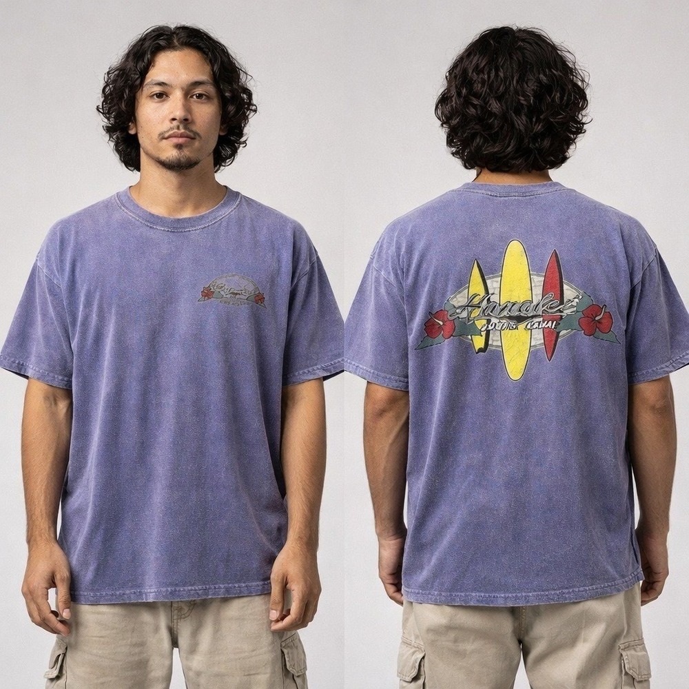 Vintage 90s Hanalei Kauai Hawaii Surf Tee Blue Purple‎ Fade USA Y2K L